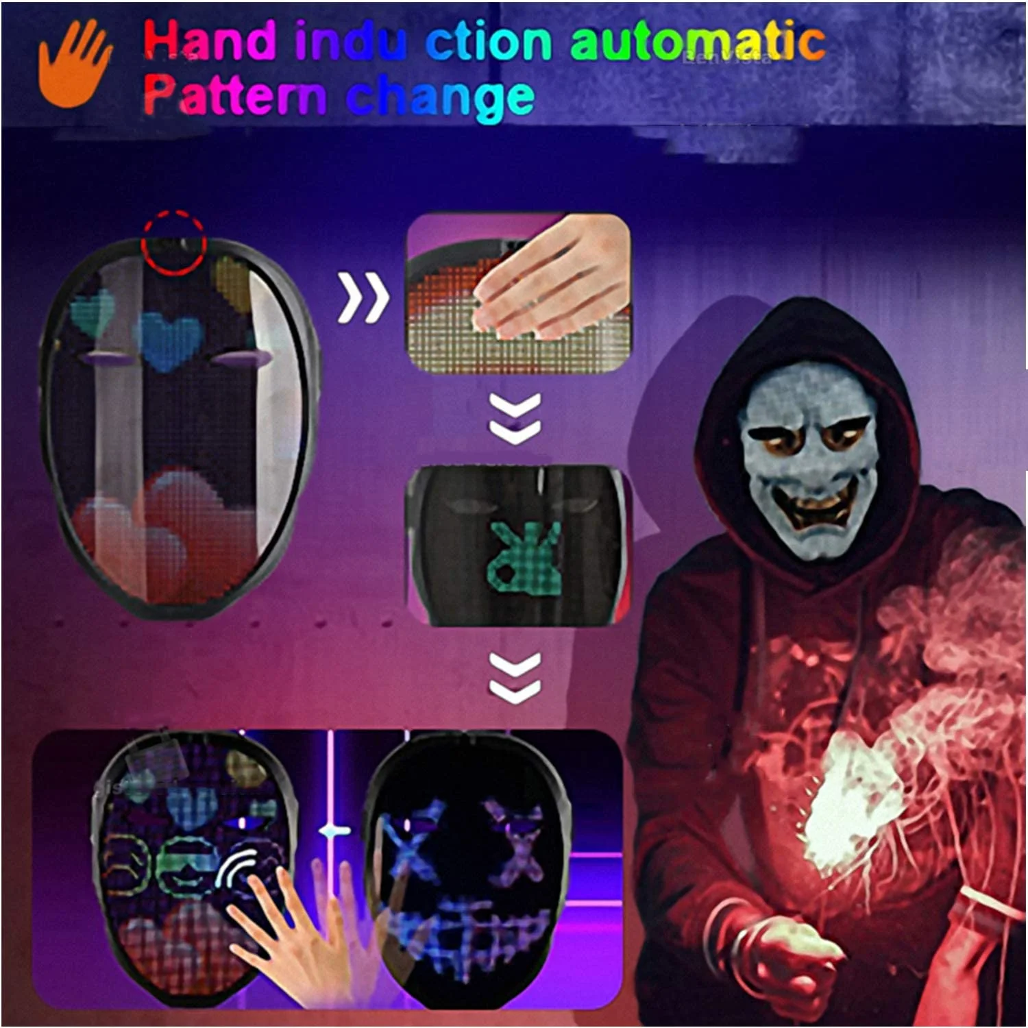 Bluetooth-Compatible LED Shining Mask DIY Editing Animated Text RGB Halloween Party Christmas Toy Gift Sensor Mask Rechargeable