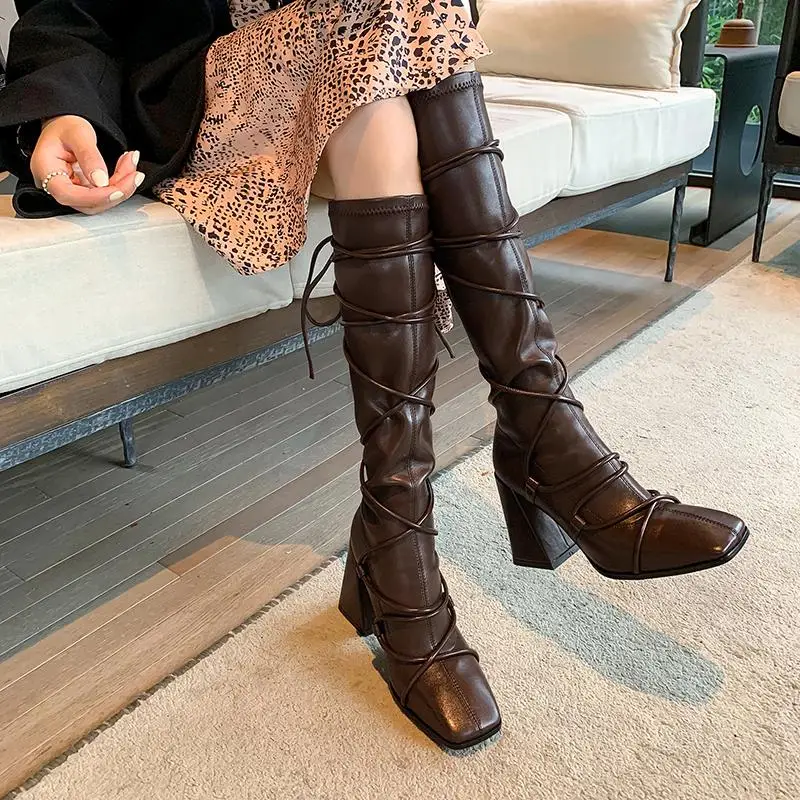 Beli Sepatu Bot Kulit Serat Mikro Panci Krazing Sepatu Bot Berkendara Kaki Persegi Sepatu Bot Lutut Ins Simpul Silang Hak Tinggi Super Hangat Personal