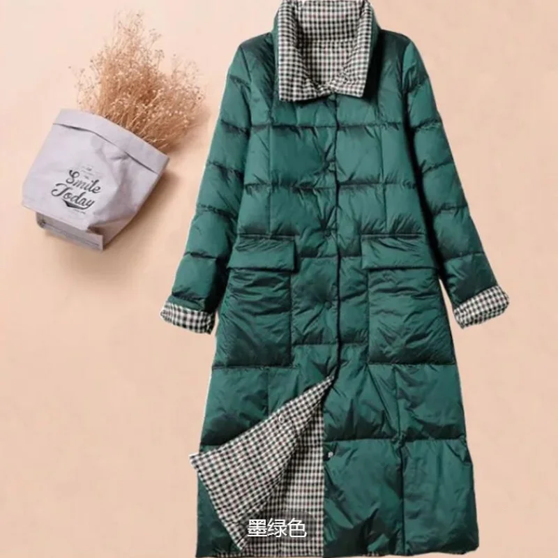 

White Duck Down Coats Double-sided Wear Down Jacket Women's Winter Puffer Coat Korean Stand-up Collar Over-the-knee Jackets