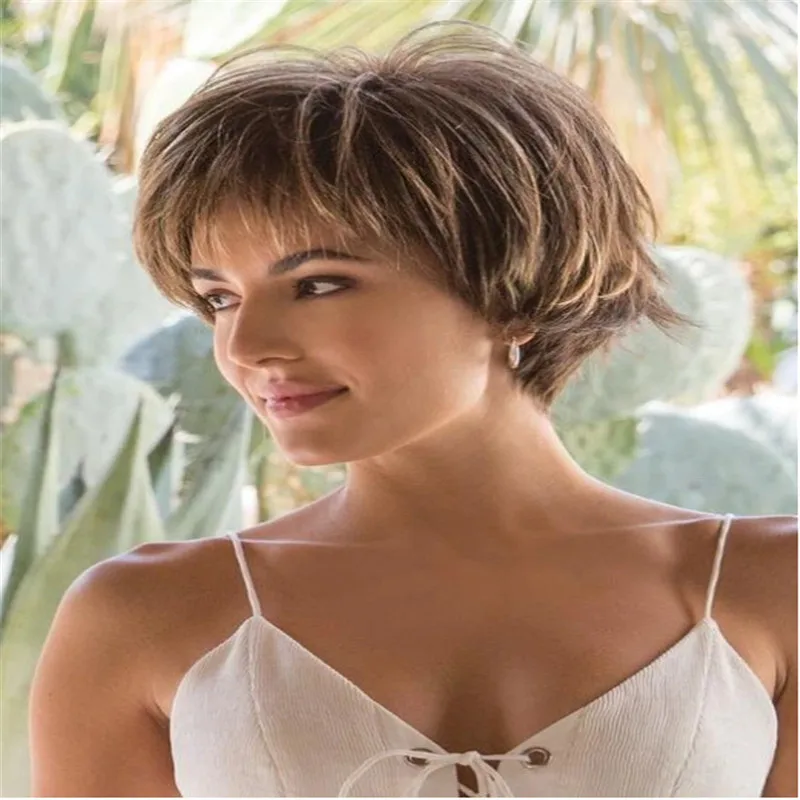 

Ladies Short Omber Brown Straight Wig Synthetic Wig With Side Part Bangs Nature Looking Daily Party Use For Women