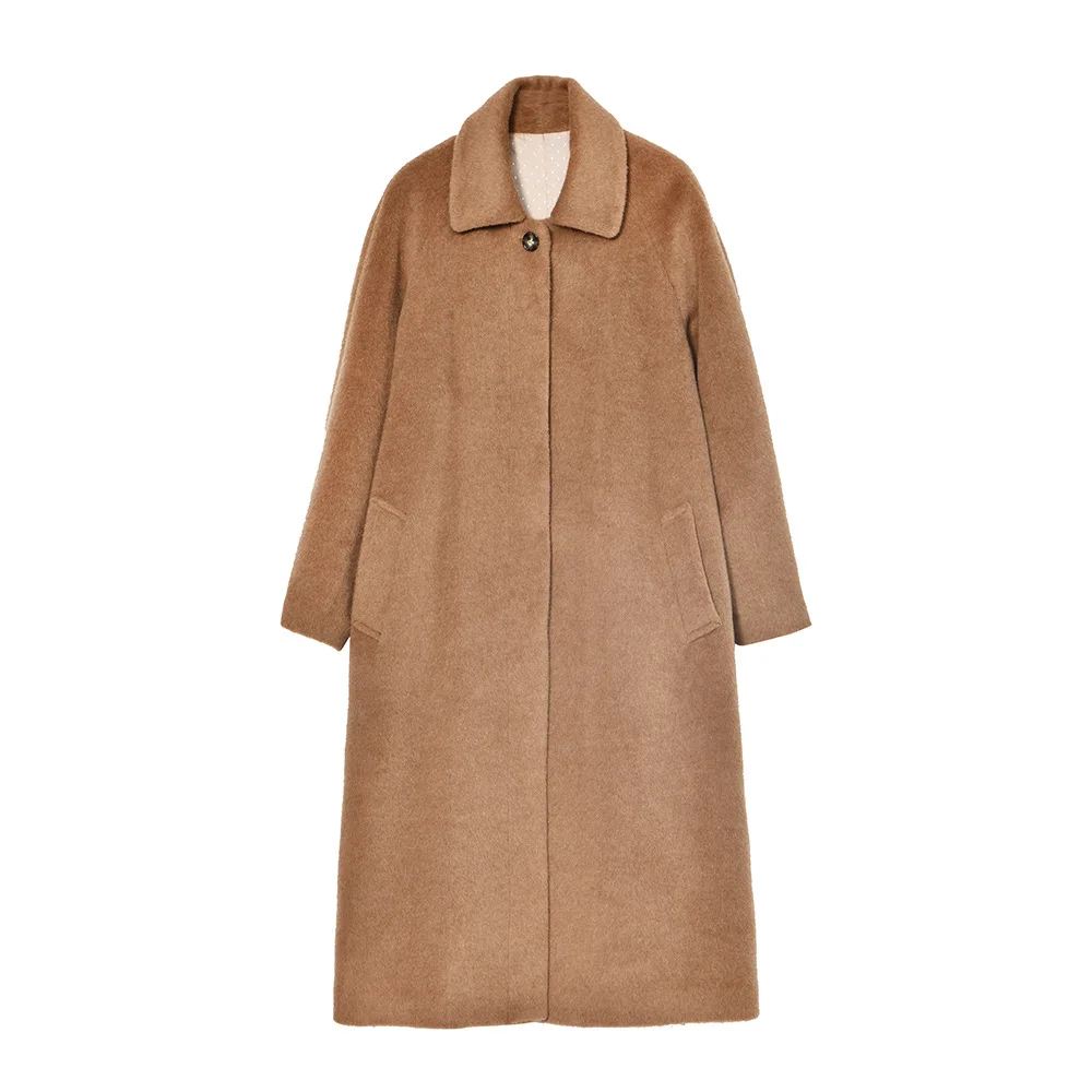 Женское шерстяное пальто теплое длинное Свободное из шерсти альпаки и шелка с