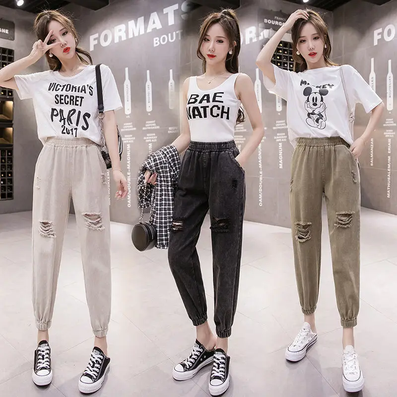 

2020 New Fashion Style Women Softener Washed Stretchy Ripped Jeans Harem Pants Lady Chic Bleached Streetwear Denim Trousers N119