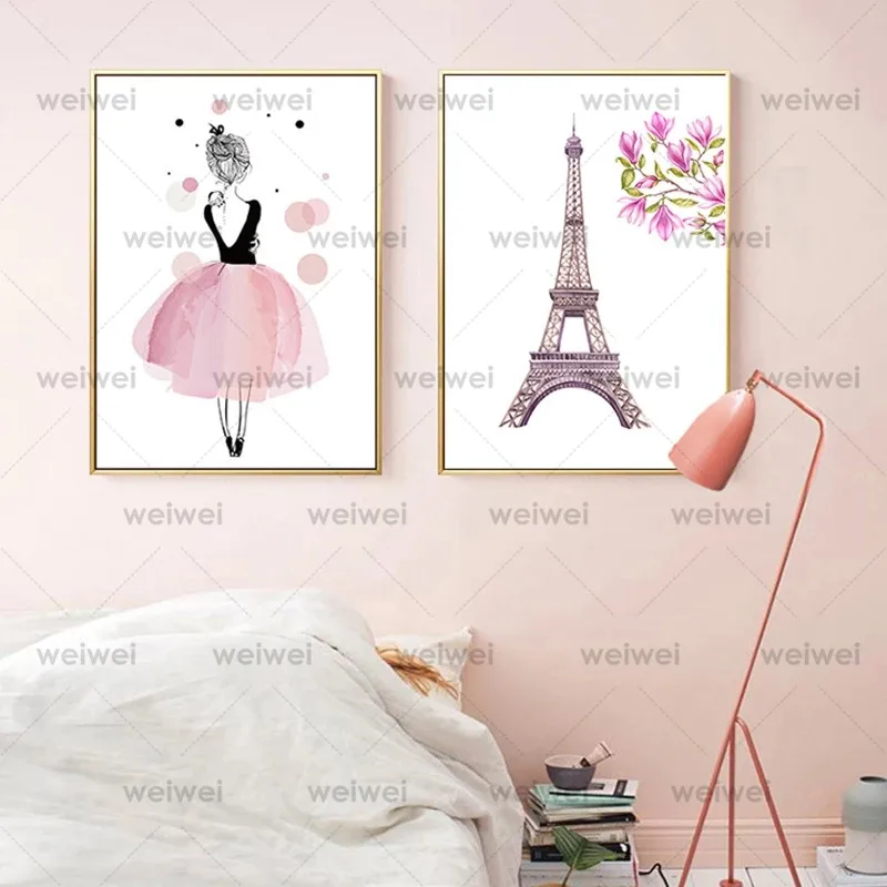 

Nordic Decoration Pink Flower Dress Girl Wall Art Canvas Painting Eiffel Tower Posters and Prints Wall Pictures for Living Room