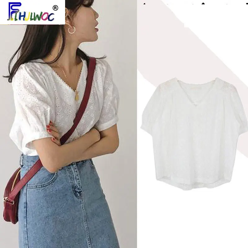 

Hollow Out Crocet Lace Tops Hot Sales Women Flhjlwoc Korea Japanese Preppy Style Girls V Neck White Lace Chic Top Blosue