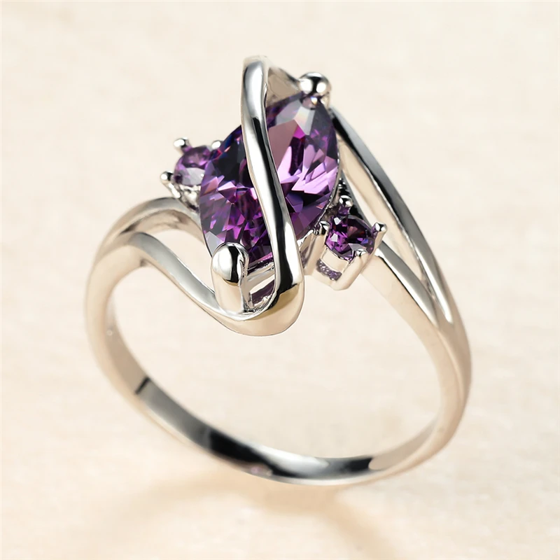 

Vintage Female Purple Leaf Crystal Ring Minimalist Silver Color Wedding Rings For Women Classic Zircon Stone Engagement Ring