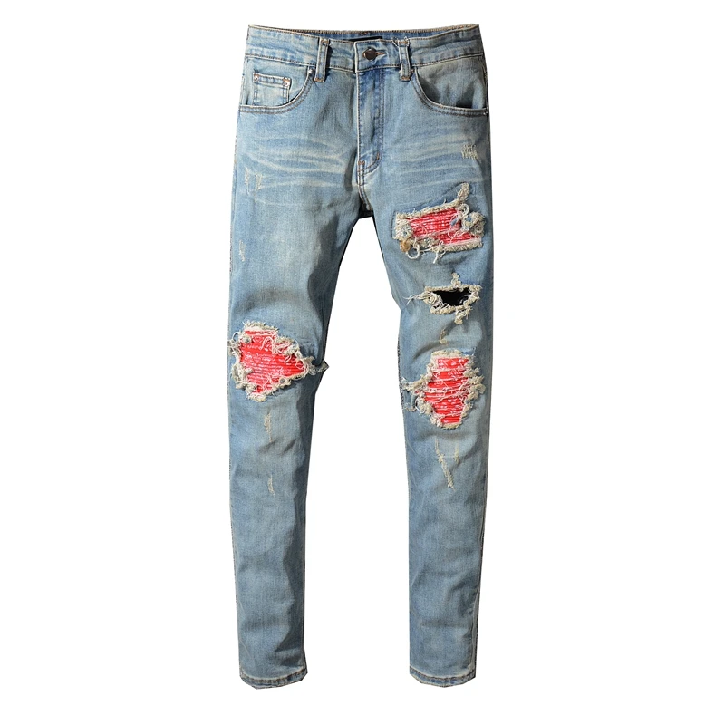 ZWTY European American Men's red printed patch biker jeans for moto Skinny patchwork holes ripped stretch denim pants