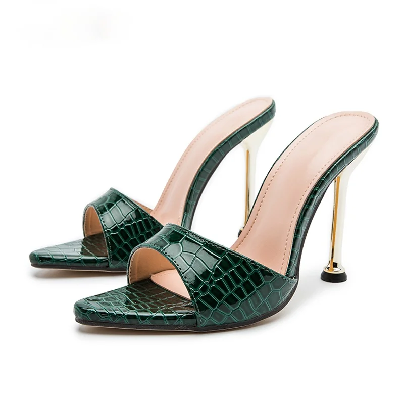 

Summer Womens Shoes Fashion Snake Print Leather Pointed Toe Slip on Ladies Slippers Sandals Stiletto Heels Size