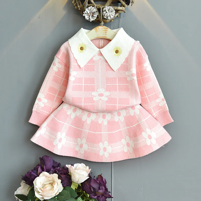 

Jargazol Outfits Flower Embroidery Knit Sweater Top&skirt Fashion Korean Little Girls Clothing Set Cute Winter Warm Kids Clothes