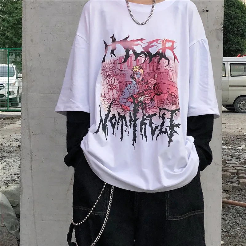 Lychee Harajuku/женская футболка с принтом персонажей из мультфильма, топ, футболка, поддельные Женские футболки из 2 частей, топы, футболки, лоскутные женские футболки с круглым вырезом