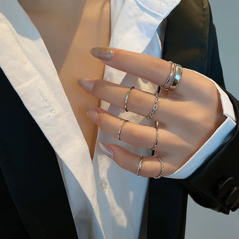 

7PCS/SET Korea Fashion Mixed Minimalist Ring Set Geometric Round Metal Gold Silver Color Cuff Open Rings Jewelry For Women