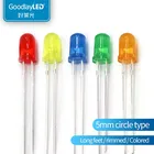 1000 шт. 5 мм DIP-светодиодный, круглая головка, длинные ножки с окантовкой, цвет белого светильник, синего, зеленого, желтого, светоизлучающие диоды