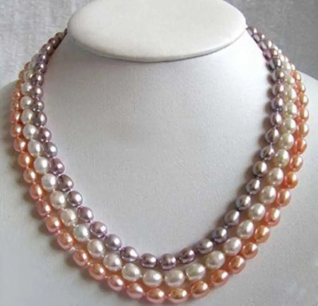 

fashion 3 Rows Real Multicolor White Pink Purple Rice Pearl Necklace18'' 14K/20 buckle