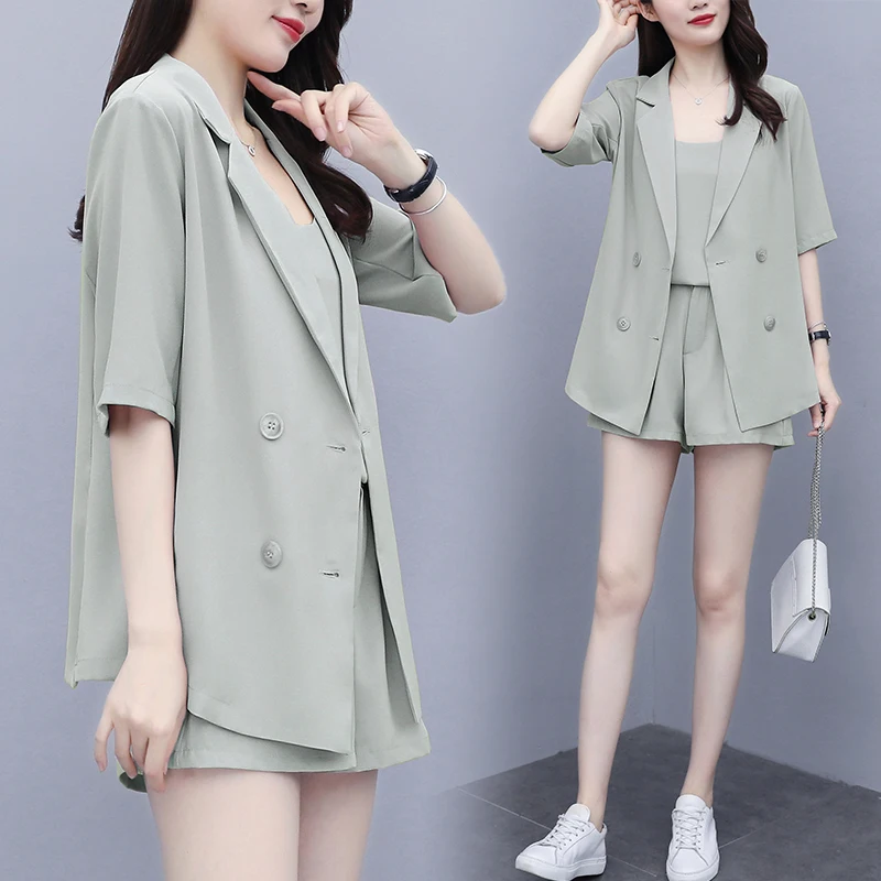 

4XL Pink Shorts Sets Vintage Women Blazers 2021 New Summer Casual Office Lady Blazer Suits Female Elegant Three-piece Suit Mujer