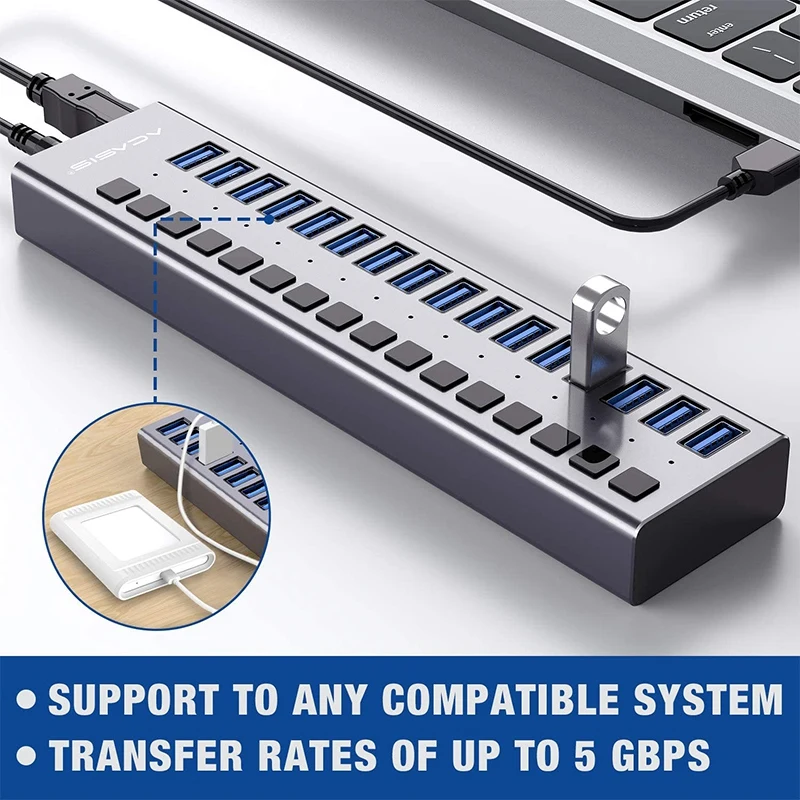 

ACASIS Powered USB Hub 16 Ports 90W USB 3.0 Data Hub - with Individual On/Off Switches for PC, Computer,HDD,Flash Drive- US Plug