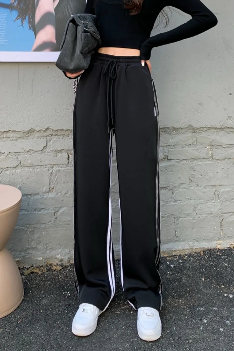 

Pants Women's 2020 New Autumn And Winter Hong Kong Style Stripe Casual High Waist Wide Leg Pants Black Loose And Thickened Floor