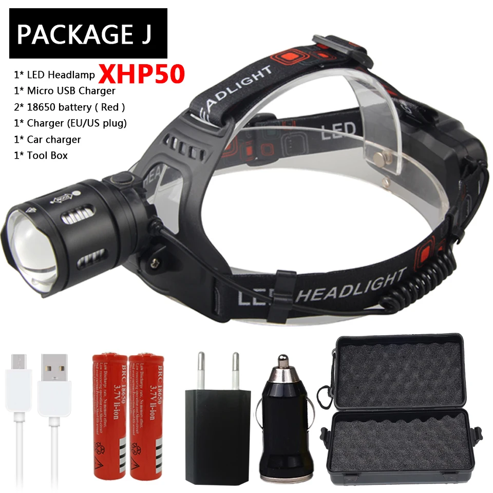 Package J Мощный светодиодный налобный фонарь XHP70.2, 32 Вт, налобный фонарь с зумом, налобный фонарь, фонарь, внешний аккумулятор 7800 мАч, аккумулятор 18650 - Испускаемый цвет: Package J