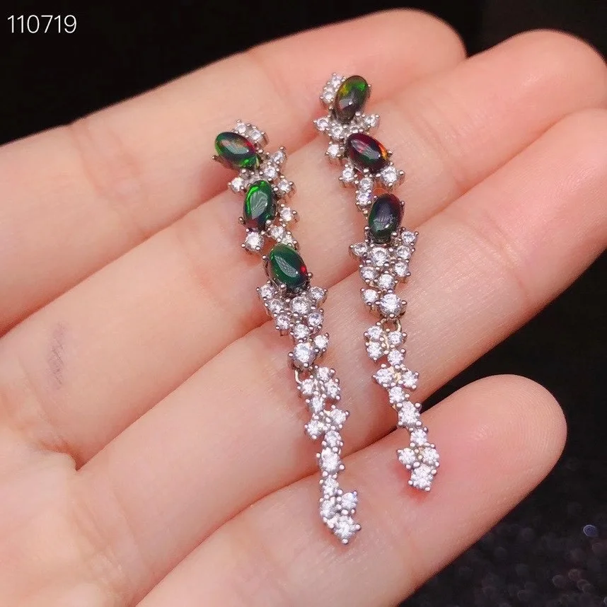 Длинные серьги с черным опалом натуральный Эфиопский Опал серебро 925 пробы