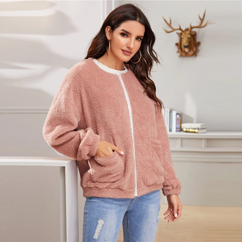 SHEIN розовая однотонная повседневная куртка на молнии спереди, пальто, женская зимняя уличная одежда, длинный рукав, двойной карман, женская верхняя одежда