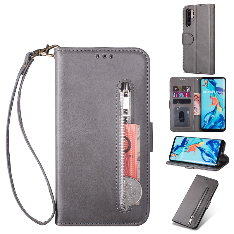 Grey Для huawei P20 Lite P30 Pro Mate10 20 Lite P Smart Y6 Y7 кожаный чехол-кошелек на молнии с откидной крышкой и подставкой для карт чехол для телефона - Цвет: Grey