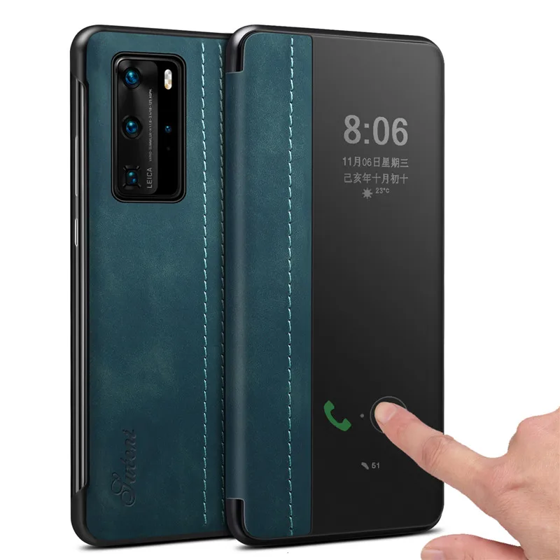 Зеркальный умный чехол с окошком для Huawei P40 Pro Роскошный Ретро Чехол-книжка Mate 30