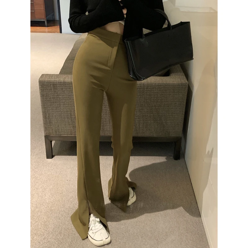 

Прямые свободные брюки с широкими штанинами, женские весенне-осенние брюки с высокой талией и прорезями, тонкие расклешенные повседневные ...