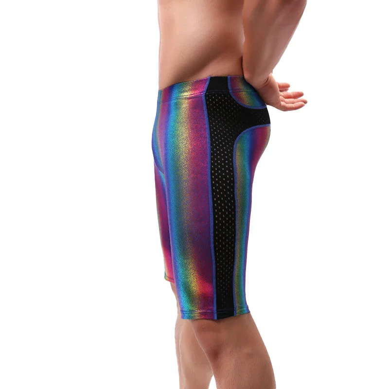 Men Long Johns Male Sexy Elastic Fitness Shorts Pants Men Underwear Striped Shinning Homme Male Gauze Nightclub Stage Costume