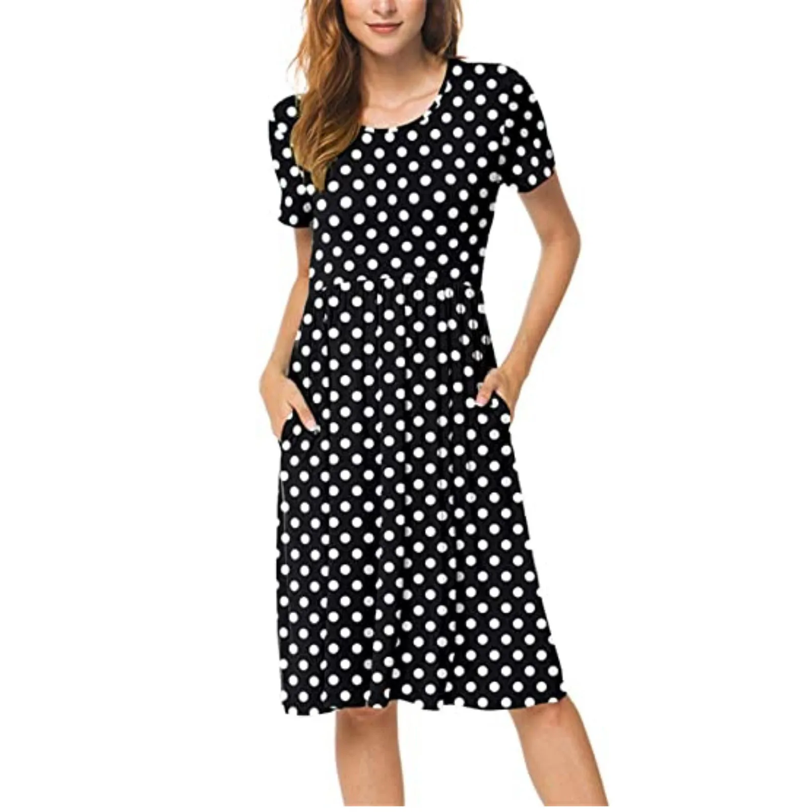 

Женское летнее платье с круглым вырезом, коротким рукавом и карманами