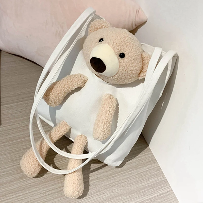 

2 Pcs Fashion Women'S Canvas Shoulder Bag Handbag Casual Cartoon Shopping Children Daily Travel Bag White & Apricot