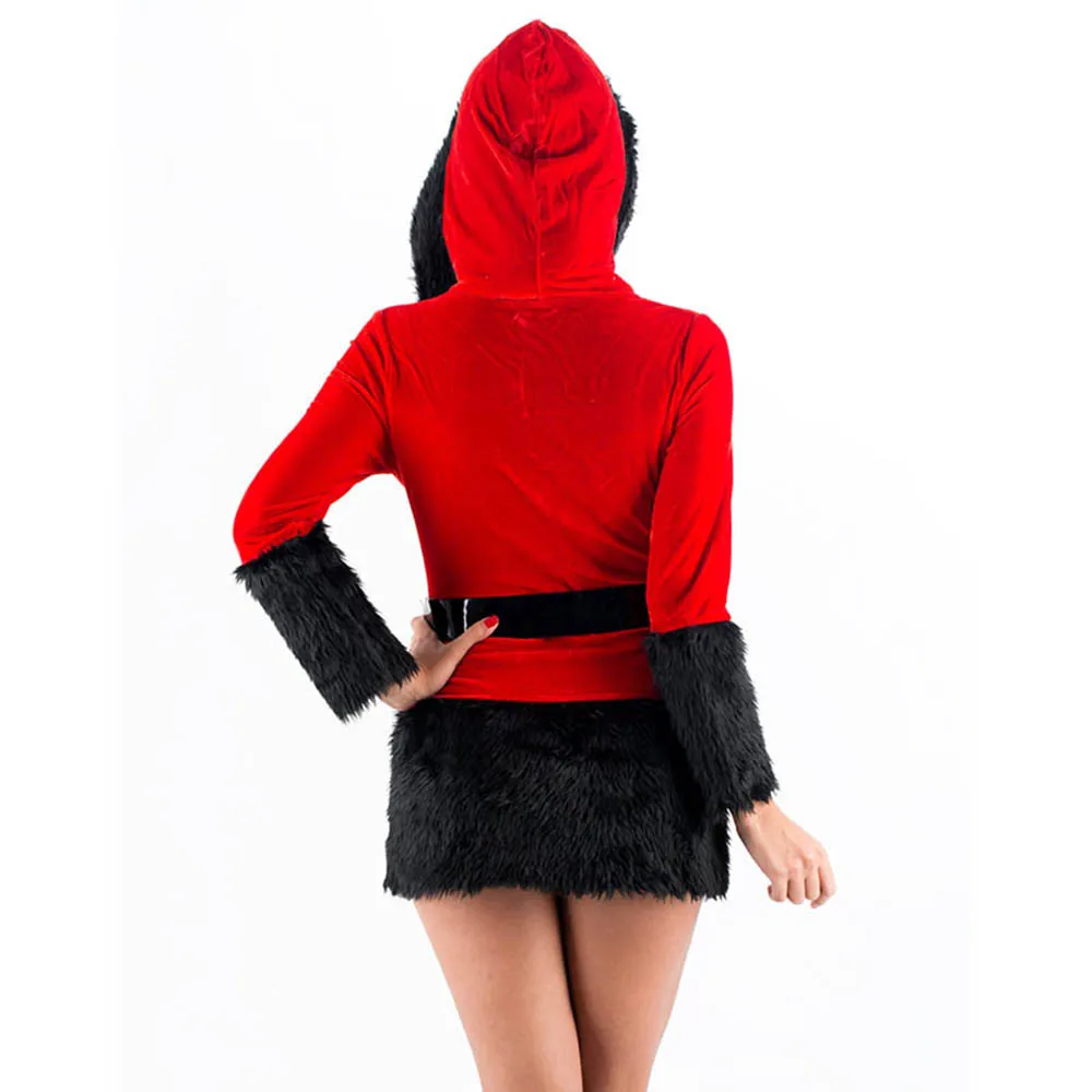 Женское бархатное платье с капюшоном красное черное ремнем | Тематическая одежда