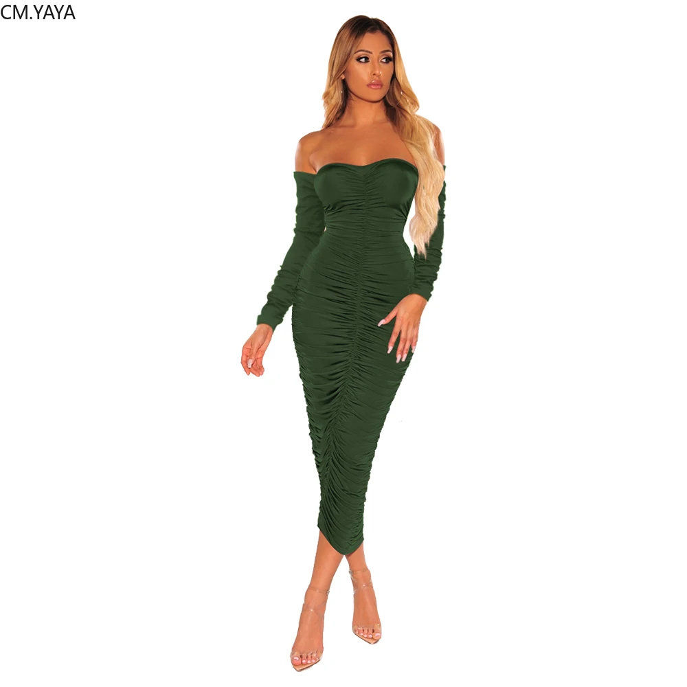 Женское платье миди с длинным рукавом без бретелек открытыми плечами|Женские