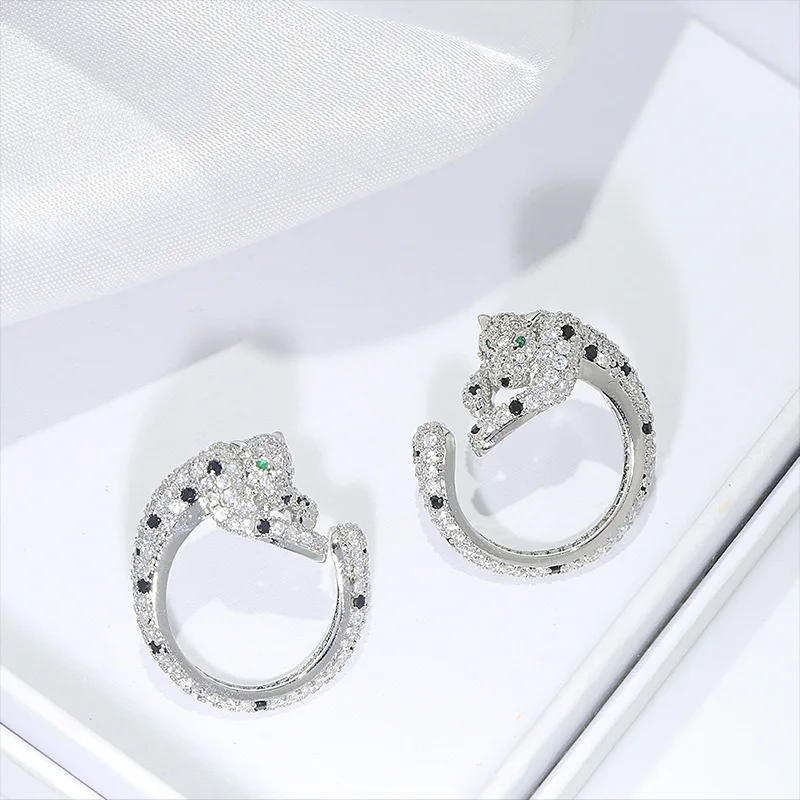

Fashion S925 Leopard Round Stud Earring with AAA Zircon Panther Animal Statement Earring for Women Party Wedding Jewelry
