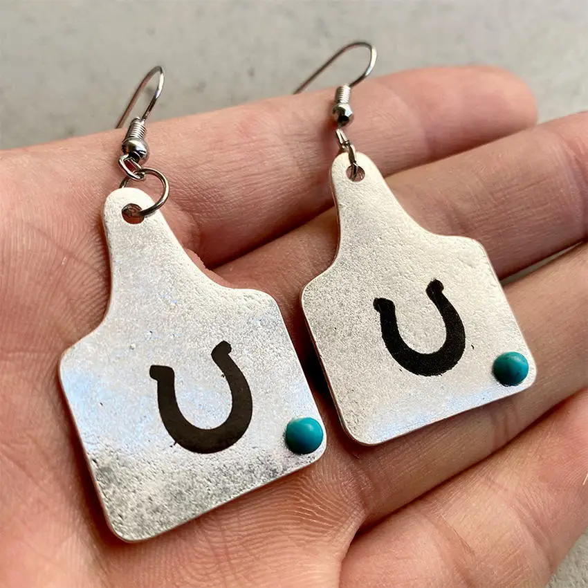 

Western Cow Ear Tag Earrings for Women 2022 New Cactus Horseshoe Engraved Turquoise Cattle Tag Charm Earrings Cowgirl Gifts