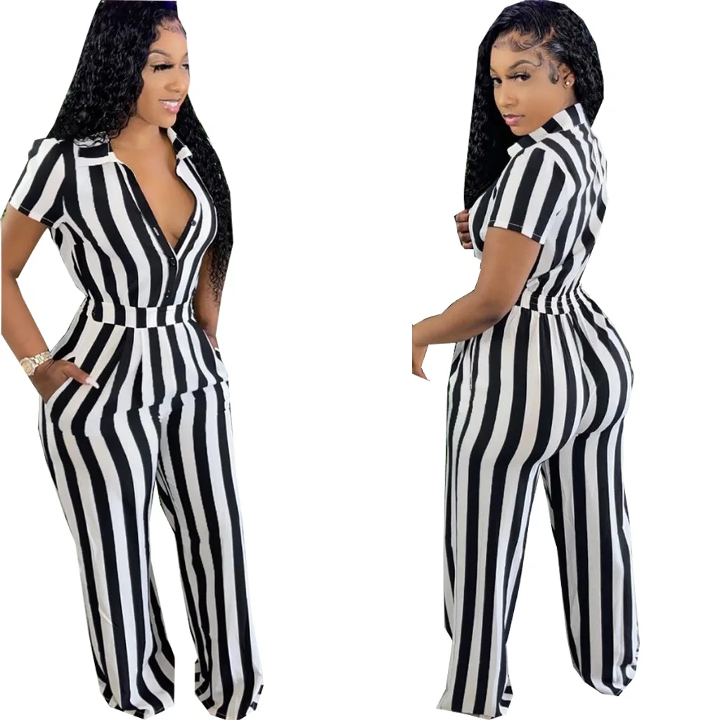 

2021 Fashion Elegant Striped Sexy Rompers Womens Deep V Neck Jumpsuit Half Sleeve Casual Slim Jumpsuits Overalls