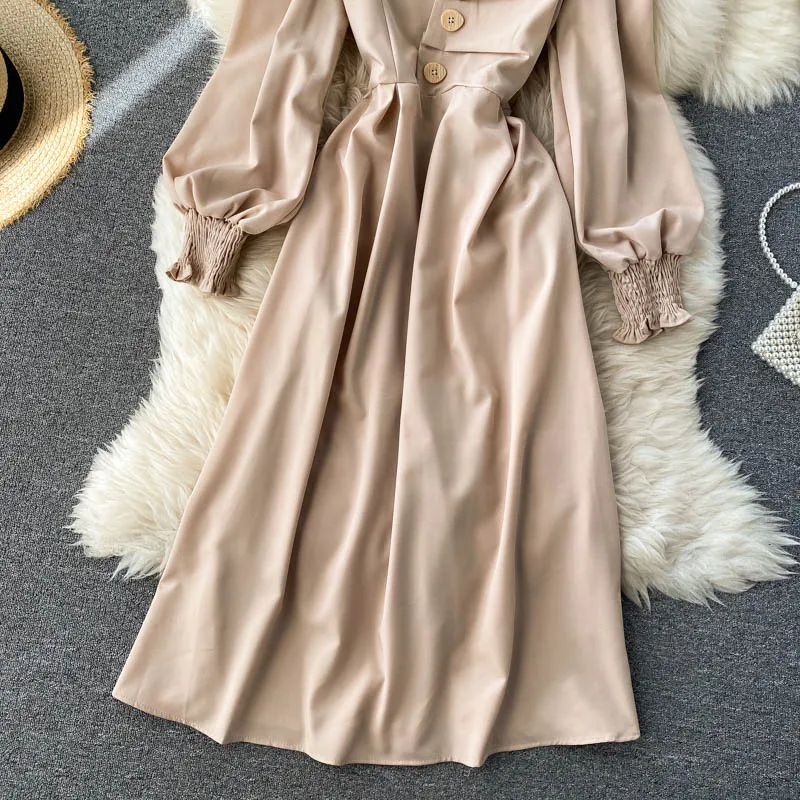 

Vintage Brown/Khaki Dress Women Autumn 2021 New Casual V-Neck Irregular Single Breasted A-Line Vestidos Female Fashion