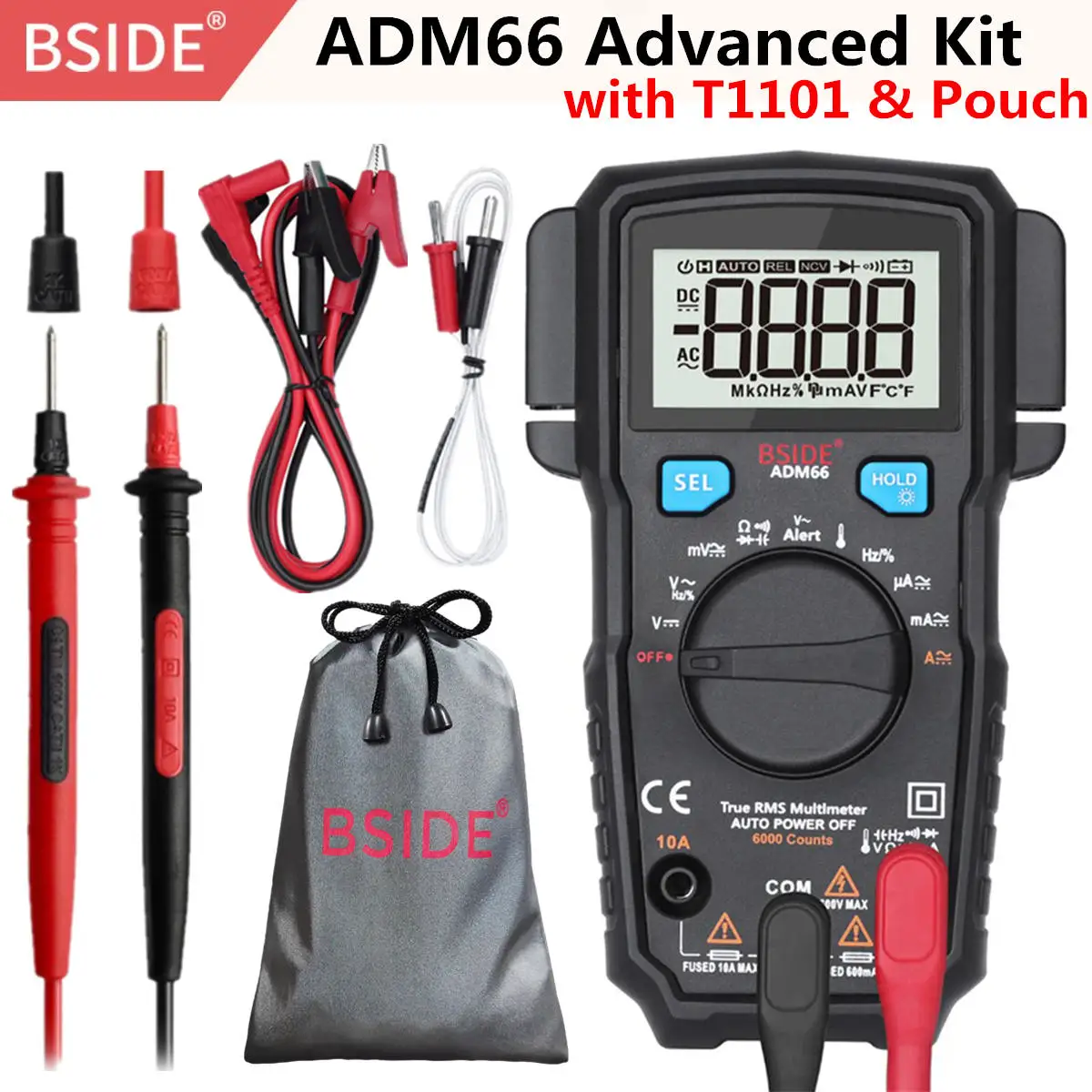 BSIDE ADM66 True RMS цифровой мультиметр автоматический диапазон TRMS мини 6000 DMM двойной слот Емкость Ом Гц температура NCV диод Карманный тестер