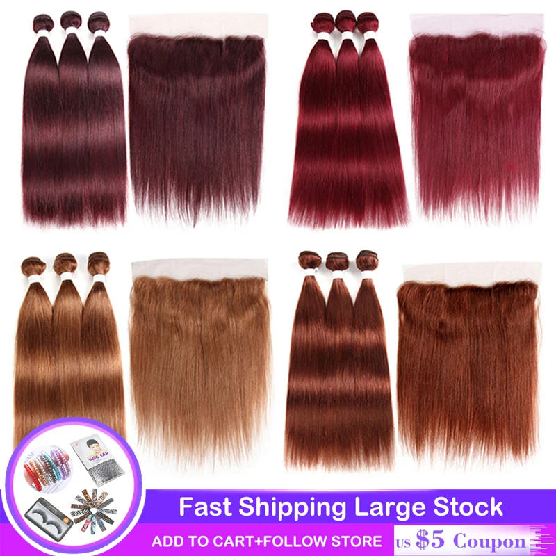 

99J/Burgundy Human Hair Bundles With Frontal 13x4 Pre-Colored Brazilian Straight Hair Weave Bundles With Closure Non-Remy KEMY