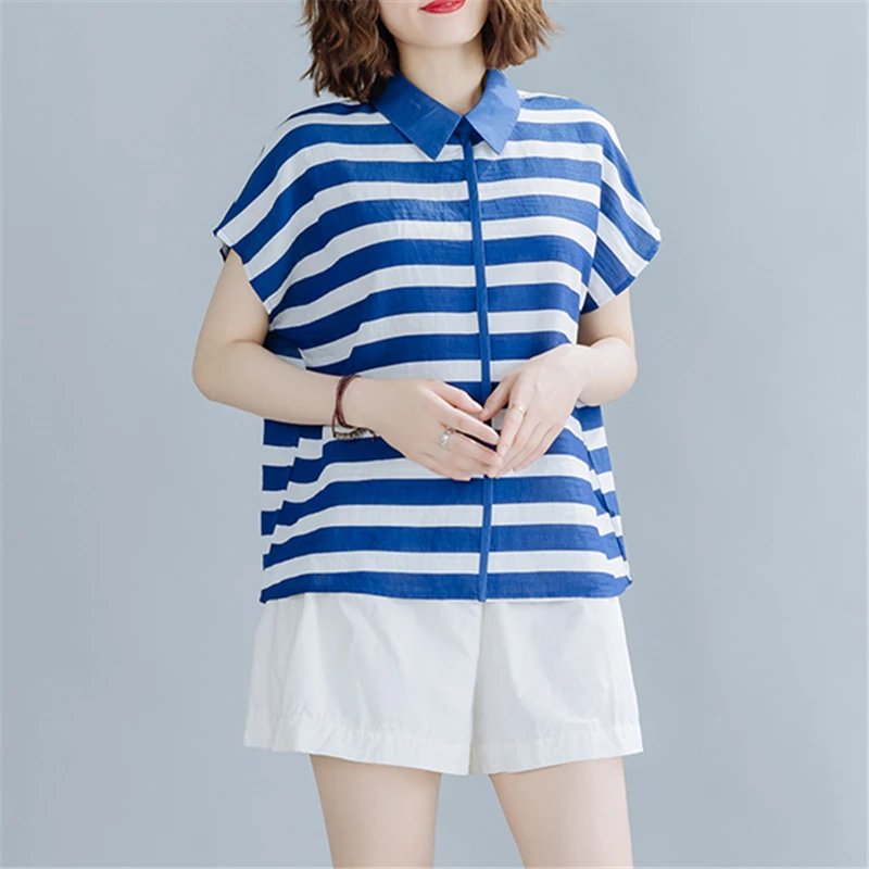 

Summer 2020 Stripe Print Cotton and linen Two-piece Doll Collar Short Sleeve Shirt Wide Leg Shorts Suit Women's Tide 065