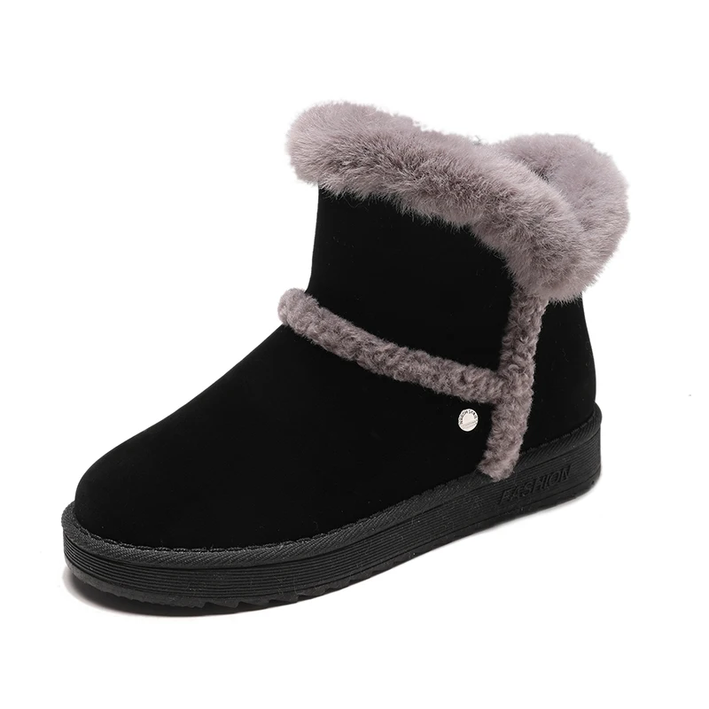 Winter New Women Suede Plush Lining Ankle Fur Snow Boots Flat With Black/Brown Emu Boots Fashion Cotton Shoes - Цвет: Черный