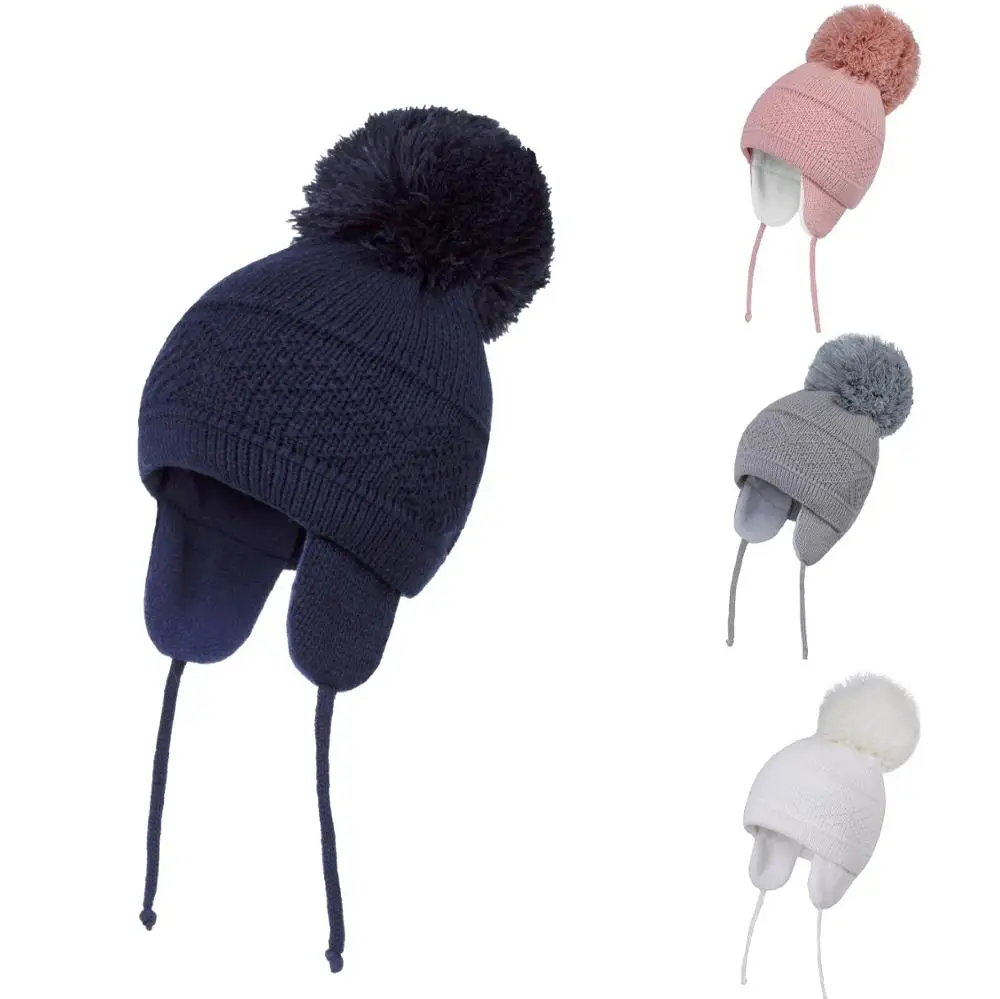 

Connectyle Toddler Infant Baby Boys Girls Kids Winter Skull Cap Solid Color Warm Knitted Earflap Hat With Big Pom-Pom