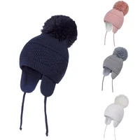 connectyle toddler infant baby boys girls kids winter skull cap solid color warm knitted earflap hat with big pom pom