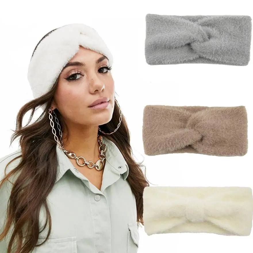 

New Handmade Knot Fluffy Headbands Autumn Winter Imitation Mink Cashmere Solid Bow Hairbands Simple Warm Women's Headband