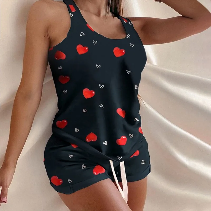 

2021 Pyjamas Women Camisole Sleep Wear Women Pajamas Heart Print Nightgown Ruffled Flounce Shorts Lingerie Set Home Clothes