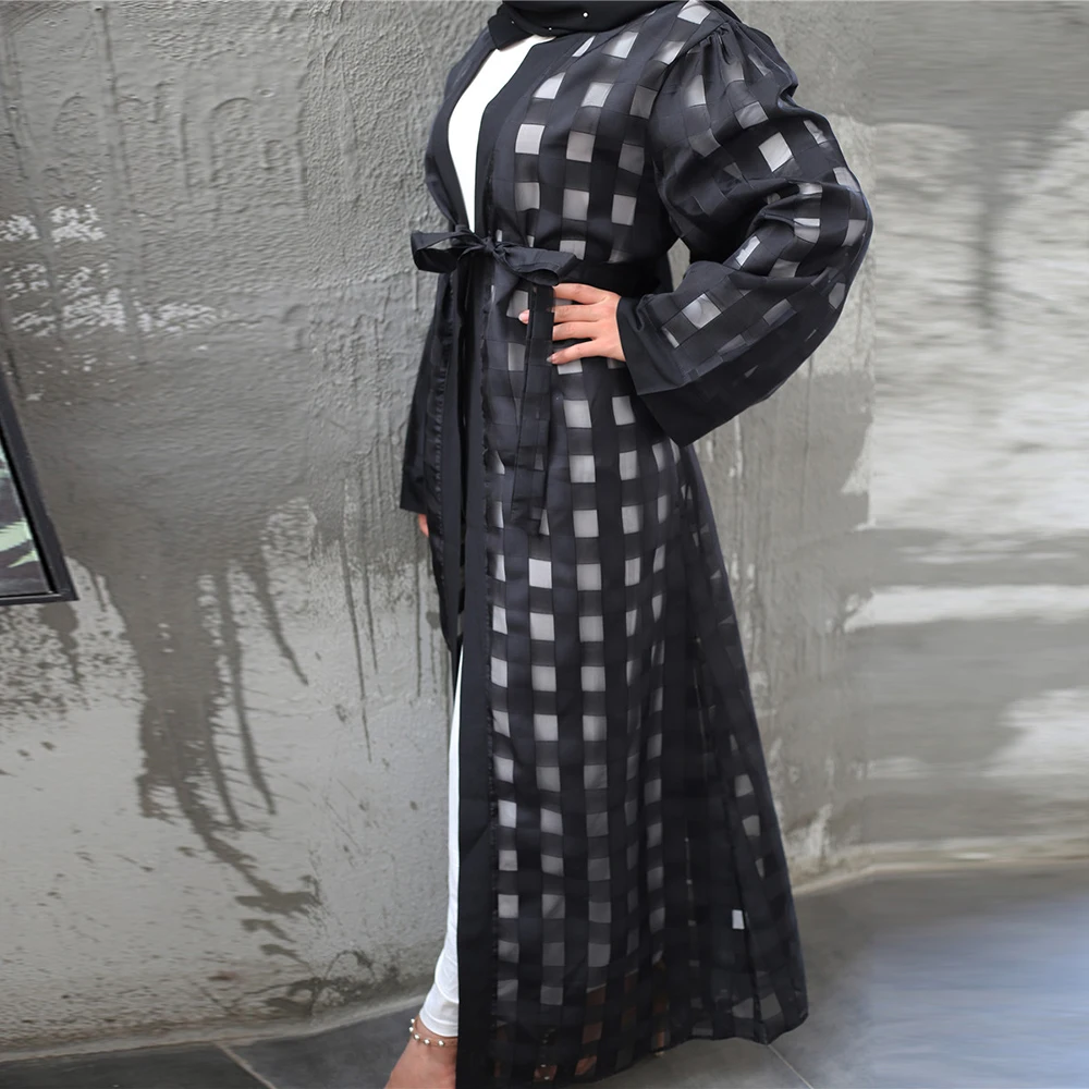 Черный клетчатый Абая Дубай кимоно кардиган хиджаб мусульманское платье