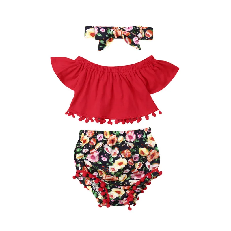 

Summer Baby Girl Clothes Toddler Kid Baby Girl Tassels Top T-shirt Floral Shorts Headband 3pcs Outfits Clothes