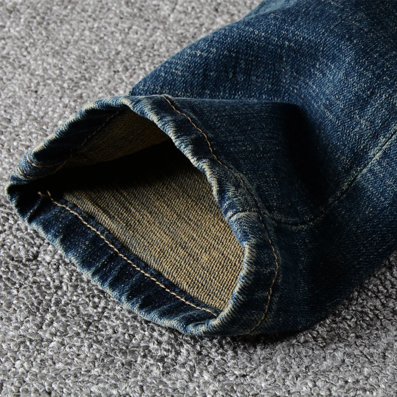 

Italian Vintage Fashion Men Jeans High Quality Retro Dark Blue Distressed Ripped Denim Pants Slim Fit Designer Cotton Trousers