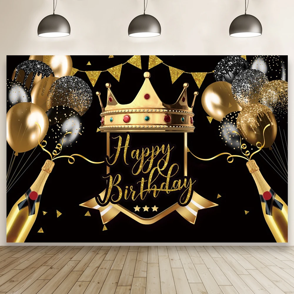 

Happy Birthday Celebration Photo Background Golden Crown Balloons Champagne Party Poster Photography Backdrop Family Photocall