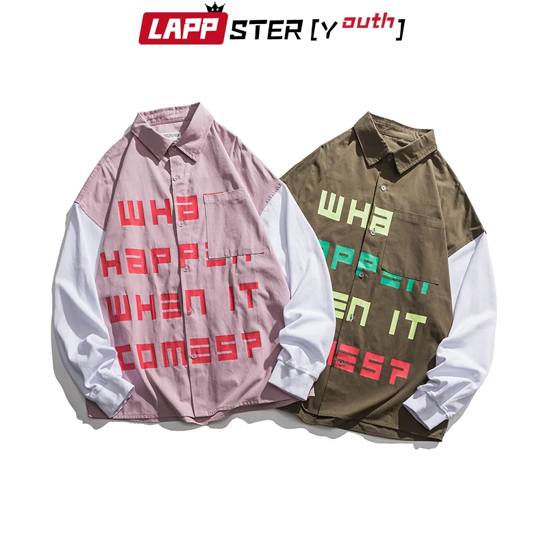 

LAPPSTER-молодежная Мужская винтажная рубашка с длинным рукавом, в стиле пэчворк, 2021, мужская рубашка Harajuku, Японская уличная одежда, мужская Кор...