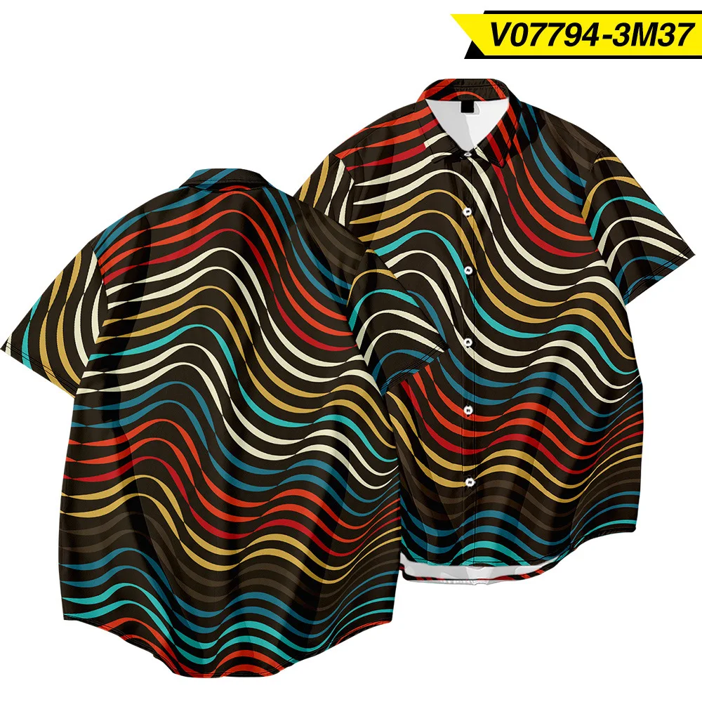 

2021 Wave Striped Printed Men's T-shirt Casual Loose Short-Sleeved Shirt Vintage Lapel T-Shirt Male Streetwear Oversize Clothing