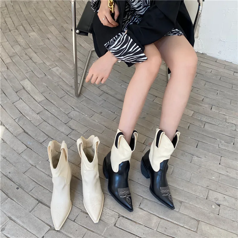 Женские ковбойские джинсовые сапоги MONMOIRA до середины икры с геометрическим