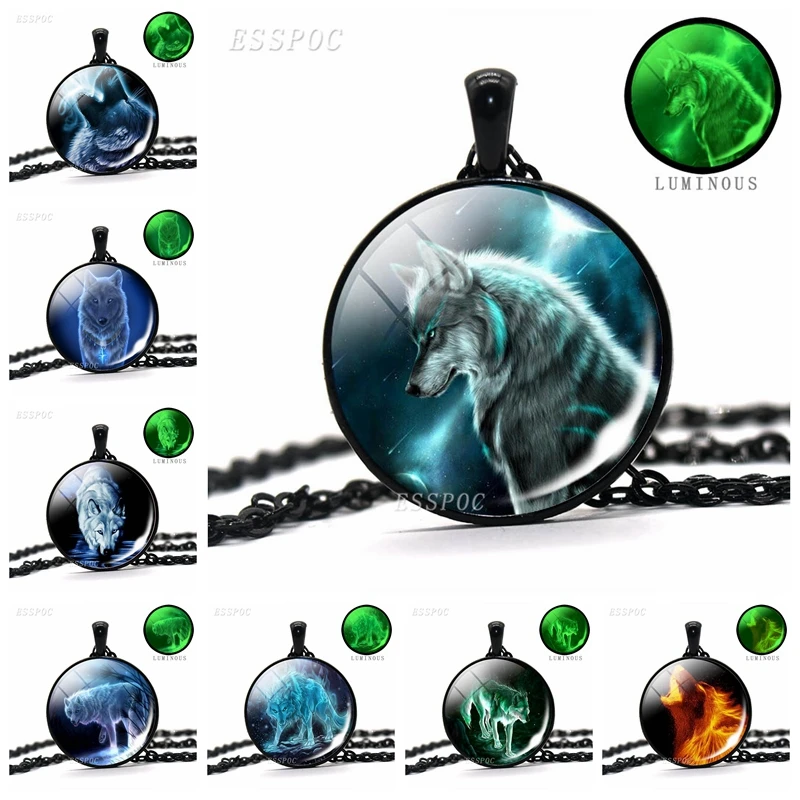 Ожерелье с кабошоном мужское ожерелье ночным светящимся волком фото черная цепь
